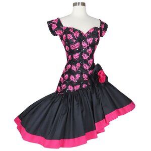 Vintage 80s Black Pink Sequin Hi Lo Full Skirt Prom Party Dress S Alyce Designs